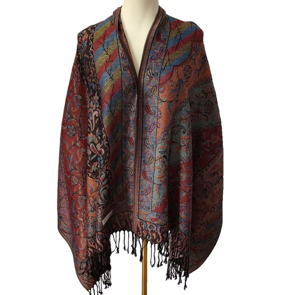 Warm colored Paisley Pashmina Shawl with Fringes, Long Scarf